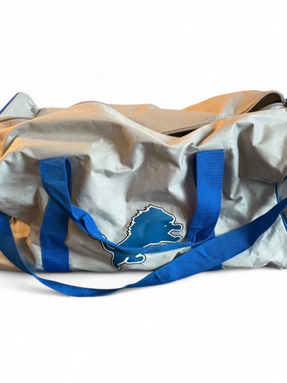 NFL Detroit Lions Silver Duffel Bag with Royal Blue Accents